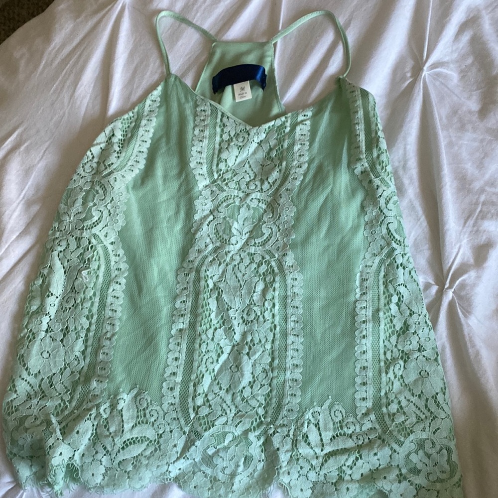 Turquoise blouse w/ floral & lace, size medium